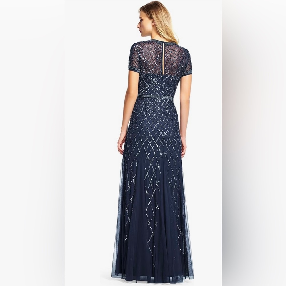 Adrianna Papell Navy Beaded Short-Sleeve Evening Gown - Picture 2 of 7